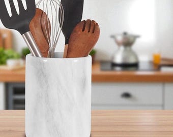 Marble Kitchen Utensil Holder | Stone Utensil Crock & Countertop Jar | Spatula and Spoon Organizer | Flower Vase | Makeup Brush Holder Decor