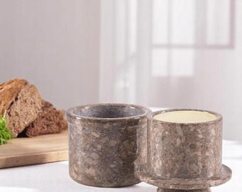 Marble Butter Keeper 4.25"Oceanic Handmade French Butter Holder For Kitchen Counter Butter Crock For Counter With Water Butter Dish with Lid