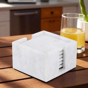 Elegant White Marble Square Coasters Set of 6 with Holder | 3.5 Inch Handmade Drink Coasters for Coffee Table, Kitchen & Modern Home Decor