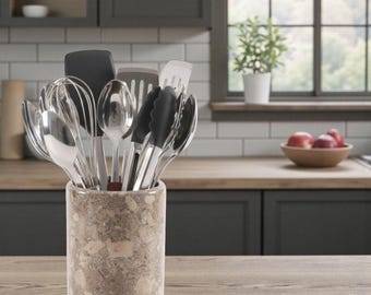 Handcrafted Oceanic Marble Utensil Holder 6.5" | Kitchen Countertop Storage Crock & Flower Vase, Elegant Modern Organizer for Home Décor