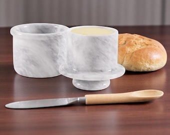 Mantequera de mármol de 4,25" hecha a mano, mantequera francesa para encimera de cocina, mantequera con agua y tapa.