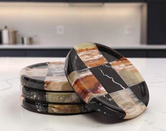 Marble Coasters for Drink Set of 4 Handmade 4" Round Checkered Heat Resistant Cup Coasters, Stone Coasters for Kitchen, Coffee Table Décor