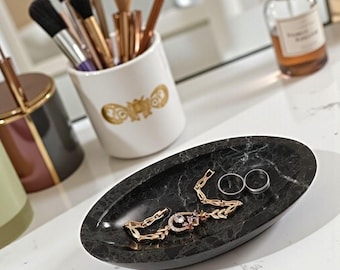Black Marble Jewelry Tray 7 Inch | Handmade Vanity Organizer for Rings, Earrings & Accessories | Minimal Stone Dish for Bathroom and Dresser