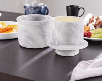 Marble Butter Keeper 4.25" White Handmade French Butter Holder For Kitchen Counter Butter Crock For Counter With Water Butter Dish with Lid