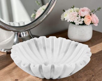 Marble Ruffle Bowl 10 inch White Handmade Decorative Bowl, Fruit Bowl for Kitchen Counter, Scalloped Bowls for Table Centerpieces, Key Bowl