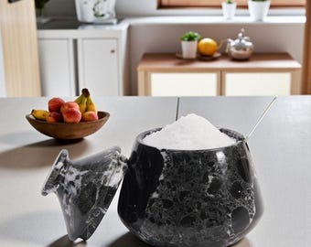Black Marble Salt Cellar with Lid & Spoon 3" Kitchen Salt Keeper Elegant Spice Storage Modern Kitchen Décor Compact Functional Salt Holder