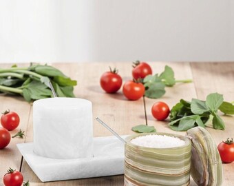 Salero de mármol con tapa, bandeja de 7,6 cm, blanco y verde, hecho a mano. Juego de 2 tarros para condimentos, salero de mesa y azucarero para encimera de cocina.