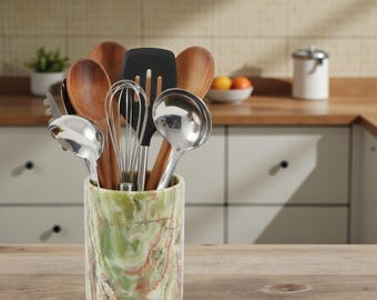 Handcrafted Green Marble Utensil Holder 6.5" | Kitchen Countertop Storage Crock & Cooking Tool Organizer, Natural Stone Flower Vase Décor