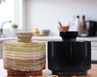 Marble Salt Cellar Set of 2 with Lids Black & Green | Handmade Spice Jars, Kitchen Storage, Sugar and Seasoning Container, Countertop Décor
