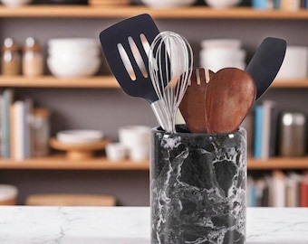 Marble Utensil Holder Kitchen Counter, Stone Utensil Crock, Cooking Spoon & Spatula Organizer Caddy, Flower Vase, Makeup Brush Storage Decor