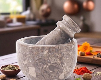 Grey Marble Mortar & Pestle Set | Stone Herb Grinder and Spice Crusher | Kitchen Tool for Garlic, Herbs, Seeds, Nuts |Handmade Kitchen Decor