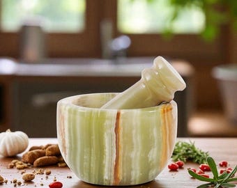 Green Marble Mortar & Pestle Set | Stone Herb Grinder and Spice Crusher | Kitchen Tool for Garlic, Herbs, Seeds Nuts |Handmade Kitchen Decor