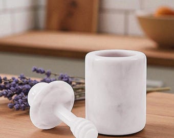 White Marble Honey Jar with Dipper Lid – 5.5" Handmade Honey Pot for Kitchen, Stylish Sugar Container, Modern Table & Tea Time Decor