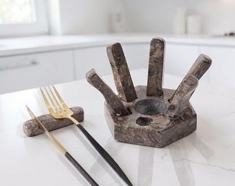 Marble Utensil Rest 4 inches Oceanic Heat Resistant Spoon Rest for Stove Top, Spoon Holder for Fork Knife, Cutlery Rest for Kitchen Counter