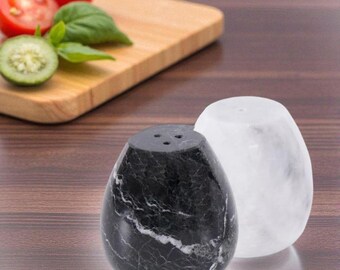 Marble Salt and Pepper Shaker Set of 2 Black and White 2.5" Egg Shaped Marble Spice Holders for Kitchen Counter Elegant Seasoning Dispensers