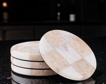 Posavasos de mármol para bebidas, juego de 4, hechos a mano, redondos, a cuadros, resistentes al calor, posavasos de piedra para la cocina y la decoración de la mesa de centro.