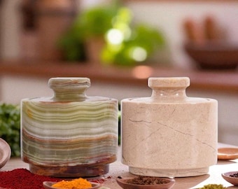 Ensemble de 2 boîtes à épices faites main avec couvercle en marbre Green & Verona, organisateur de comptoir de cuisine, pots de rangement d'assaisonnements pour la décoration intérieure