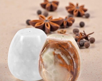Marble Salt and Pepper Shaker Set of 2 Green and White 2.5" Egg Shaped Marble Spice Holders for Kitchen Counter Elegant Seasoning Dispensers