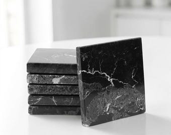 Juego de 6 posavasos cuadrados de mármol negro hechos a mano de 8,9 cm (3,5 pulgadas) de piedra, resistentes al calor, ideales para bebidas y decoración de mesas de café y comedor.