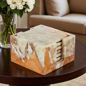 Handmade Green Marble Square Coasters Set of 6 with Holder | 3.5 Inch Stone Drink Coasters for Coffee Table, Kitchen, Dining & Home Decor