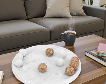 Marble Tic Tac Toe Game Board – 10" White & Coral Stone Set, Handmade Coffee Table Decor, Luxury Two Player Game, Modern Marble Home Accent