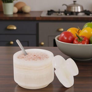 May include: A white marble salt cellar with a matching lid, containing pink salt and a small silver spoon. The lid is off to the side. A bowl of fresh vegetables sits in the background.