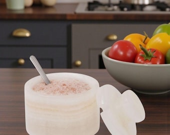 Marble Salt Cellar with Lid & Spoon 3" White Onyx Flaky Salt Box Sugar Jar Salt Keeper for Countertop, Salt Container, Seasoning Jar Kitchen