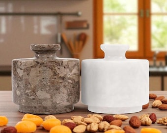 Marble Salt Cellar Set of 2 with Lids Oceanic & White | Handmade Spice Jars, Kitchen Storage Containers, Countertop Sugar Holder, Home Décor