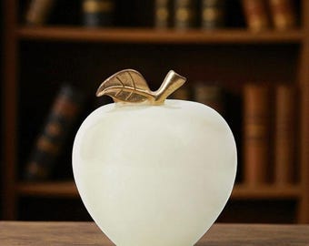 White Onyx Marble Apple Paperweight - Handmade 3" Desk Paperweight for Office & Home Decor, Elegant Decorative Marble Apple for Workspace
