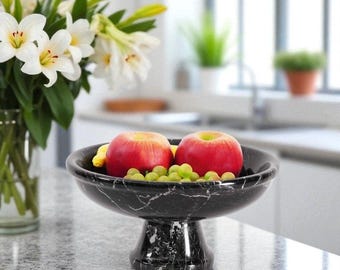 Black Marble Fruit Bowl 10" Handmade Decorative Stone Bowl for Kitchen Dining Table Centerpiece Coffee Table Décor Home Accent, Serving Dish