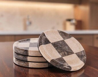 Posavasos de mármol para bebidas, juego de 4, hechos a mano, redondos, a cuadros, resistentes al calor, posavasos de piedra para la cocina y la decoración de la mesa de centro.