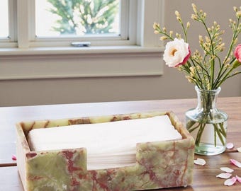 Marble Tissue Box Cover 10" Handmade Green Decorative Tissues Box Holder for Office Desk Bathroom Counter Organizer, Rectangle Napkin Holder