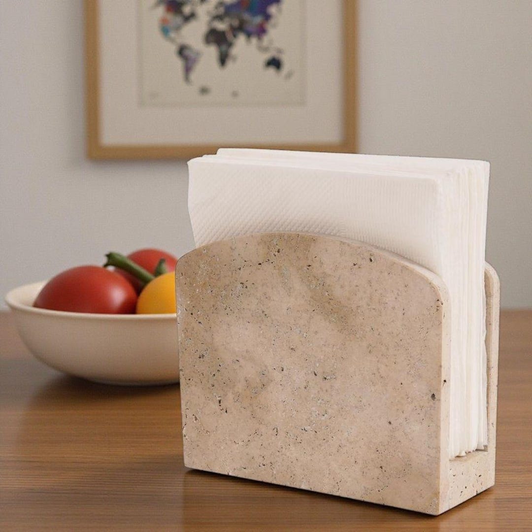 Travertine Marble Napkin Holder - 5.5" Beige Napkin Dispenser for Kitchen & Dining Table, Bathroom Decor, Modern Home Essentials Organizer