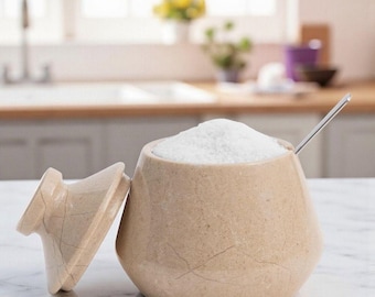 May include: A beige stone salt cellar with a matching lid placed to the side. The container has a wide, rounded base and is filled with white salt. A thin, silver-colored metal spoon is inserted into the salt, extending upward from the container.