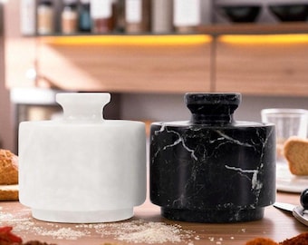 Black & White Marble Salt Cellar with Lid Set of 2 Handmade 3” Spice Box, Kitchen Counter Organizer Seasoning, Storage Jars for Modern Homes