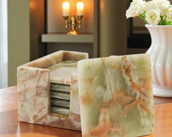 Handmade Green Marble Square Coasters Set of 6 with Holder | 3.5 Inch Stone Drink Coasters for Coffee Table, Kitchen, Dining & Home Decor