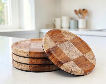 Posavasos de mármol para bebidas, juego de 4, hechos a mano, redondos, a cuadros, resistentes al calor, posavasos de piedra para la cocina y la decoración de la mesa de centro.