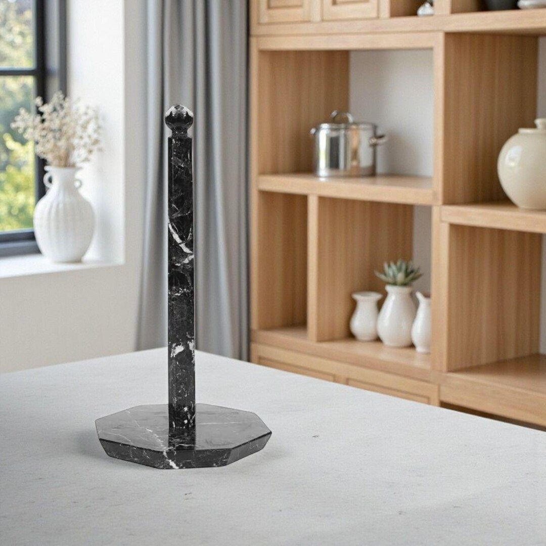 Black Marble Paper Towel Holder 12.5" Handmade Countertop Stand for