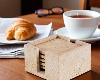 Handmade Square Travertine Marble Coasters Set of 6 | 3.5" Stone Drink Coasters with Holder for Coffee Table, Kitchen & Elegant Home Decor