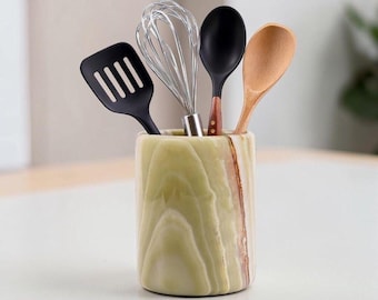 Marble Utensil Holder 6.5" Green Handmade Spoon Crock Spoon Holder for Kitchen Countertop Organizer Utensil Caddy Utensil Jar Kitchen Décor