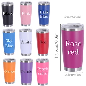 Puede incluir: Una colecci&oacute;n de vasos aislados en varios colores, incluyendo negro, rosa, azul oscuro, azul cielo, blanco, rojo, naranja, morado y melocot&oacute;n. El vaso Rose red mide 17,5 cm de alto y 8,5 cm de ancho. Cada vaso tiene un borde y una tapa plateados.
