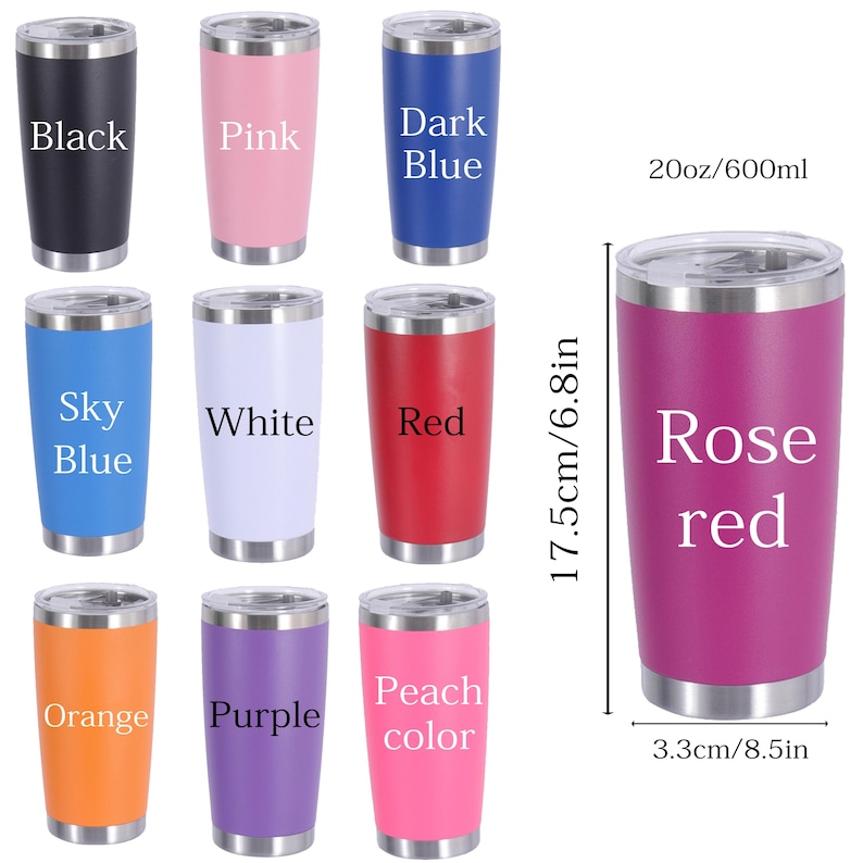 Puede incluir: Una colecci&oacute;n de vasos aislados en varios colores, incluyendo negro, rosa, azul oscuro, azul cielo, blanco, rojo, naranja, morado y melocot&oacute;n. El vaso Rose red mide 17,5 cm de alto y 8,5 cm de ancho. Cada vaso tiene un borde y una tapa plateados.