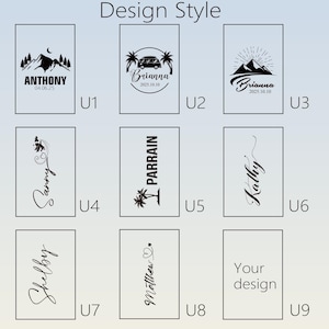 Puede incluir: Una colecci&oacute;n de estilos de dise&ntilde;o para art&iacute;culos personalizados. Los dise&ntilde;os incluyen escenas de monta&ntilde;a, una furgoneta con palmeras y nombres en varias fuentes. Algunos dise&ntilde;os incluyen fechas. El texto "Design Style" est&aacute; en la parte superior.