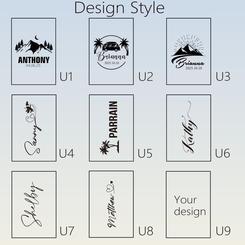 Puede incluir: Una colecci&oacute;n de estilos de dise&ntilde;o para art&iacute;culos personalizados. Los dise&ntilde;os incluyen escenas de monta&ntilde;a, una furgoneta con palmeras y nombres en varias fuentes. Algunos dise&ntilde;os incluyen fechas. El texto "Design Style" est&aacute; en la parte superior.