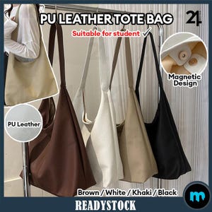 Könnte beinhalten: Vier PU-Leder-Tragetaschen in Braun, Weiß, Khaki und Schwarz. Die Taschen haben einen Magnetverschluss und sind für Studenten geeignet. Der Text "PU Leather Tote Bag" und "Suitable for student" ist auf dem Bild zu sehen.