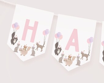 Bannière joyeux anniversaire chat, rose chaton joyeux anniversaire banderoles à imprimer, décorations d'anniversaire fille, modèle de bannière de fête modifiable B365
