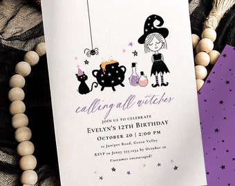Witch Birthday Invitation, Call All Witches Spooky Halloween Teen Birthday Invite B416