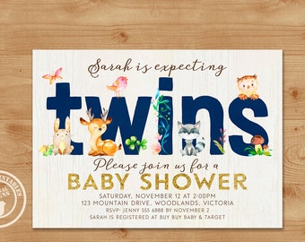 Navy Woodland Twins Baby Shower Invitation. Baby Shower Invite. Printable, Expecting Twins Baby Shower. Digital Invitation, 0498navy