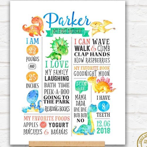 Dinosaur Birthday Chalkboard Poster | Bright Celebration Poster | Boy 1st Birthday Board | Cute Dino Birthday Poster | Printable 1785