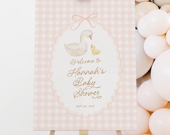 Gans babyshower welkomstbord, meisje babyshower welkomstposter sjabloon, moeder en gansje babyshower decoraties afdrukbare B866